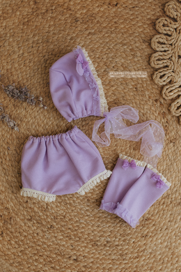 Baby newborn girl bear bonnet, leg warmers, pants set, lace, lilac, boho, RTS