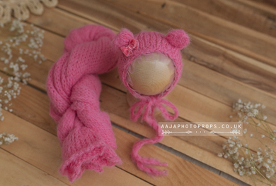 Baby newborn Knitted bear bonnet and wrap, pink, made to order