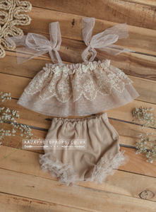 6-12 months size girl beige lace top and pants, vintage style, boho, RTS