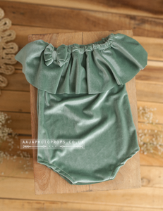 Baby 9-12 months size girl velvet romper, frilly, sage green, made to order