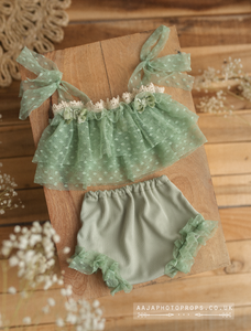 Baby newborn girl sage green top and pants, vintage style, frilly, boho, tulle, RTS