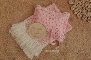 Boho layer, pillow, tieback, wooden disc bundle, pink, cherry, RTS