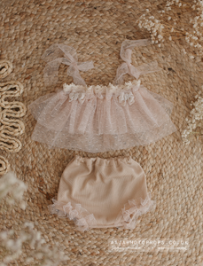 Baby newborn girl beige top and pants, vintage style, frilly, boho, tulle, RTS