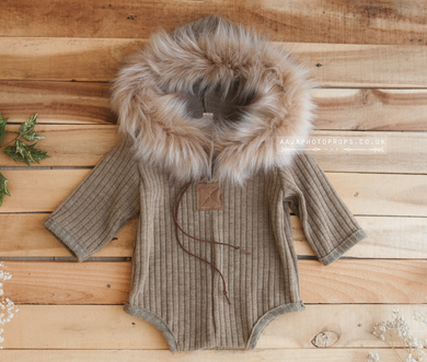 Baby 9-12 months sitter romper, neutral, faux fur, beige, eskimo, taupe, made to order