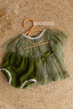 6-12 months size baby top/dress, nappy cover, lace, olive green, boho, lace, RTS