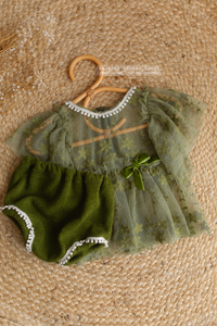 6-12 months size baby top/dress, nappy cover, lace, olive green, boho, lace, RTS