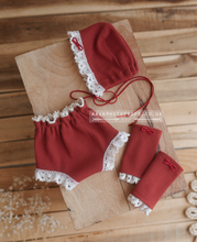 Baby newborn girl Bonnet, Leg warmers, Pants set, lace, red, boho, RTS