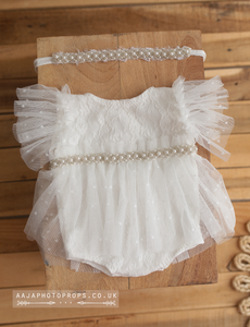 Baby newborn girl romper and tieback off white/ivory, boho, pearls, Made to order