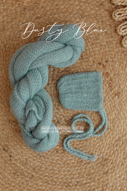 Baby newborn bonnet and long wrap set, blue, dusty, RTS