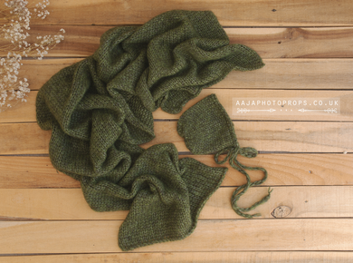 Baby newborn Knitted bonnet and wrap, olive green, made to order