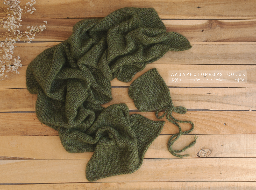 Baby newborn Knitted bonnet and wrap, olive green, RTS
