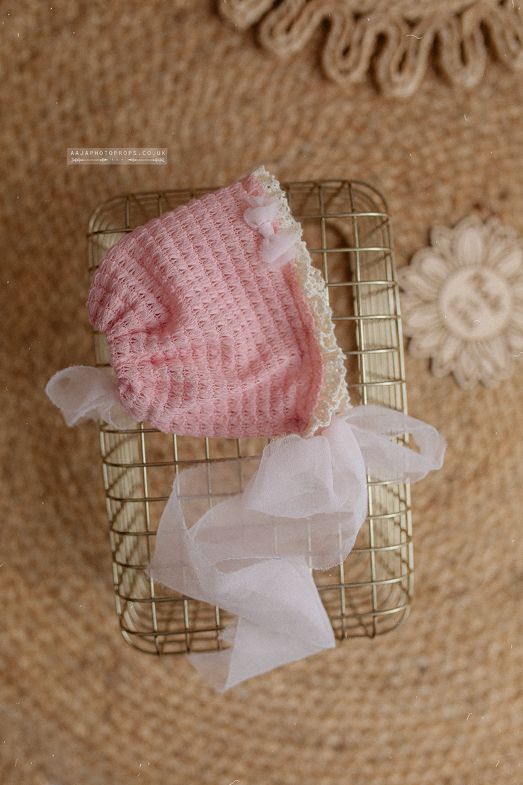 Baby girl newborn bonnet, pink, pastel boho, RTS