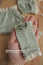 Baby newborn girl Bonnet, Leg warmers, Pants set, lace, sage green, boho, RTS