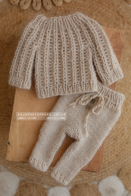 Chunky knit Baby newborn sweater and trousers, stone, beige, RTS