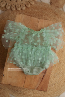 Newborn baby girl romper, polka dot, mint green, boho, frilly, RTS