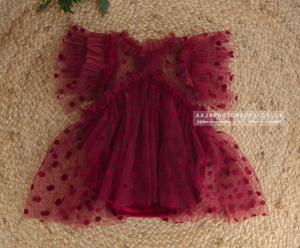6-12 months size baby girl romper, red, boho, maroon, tulle, frilly, dot, made to order