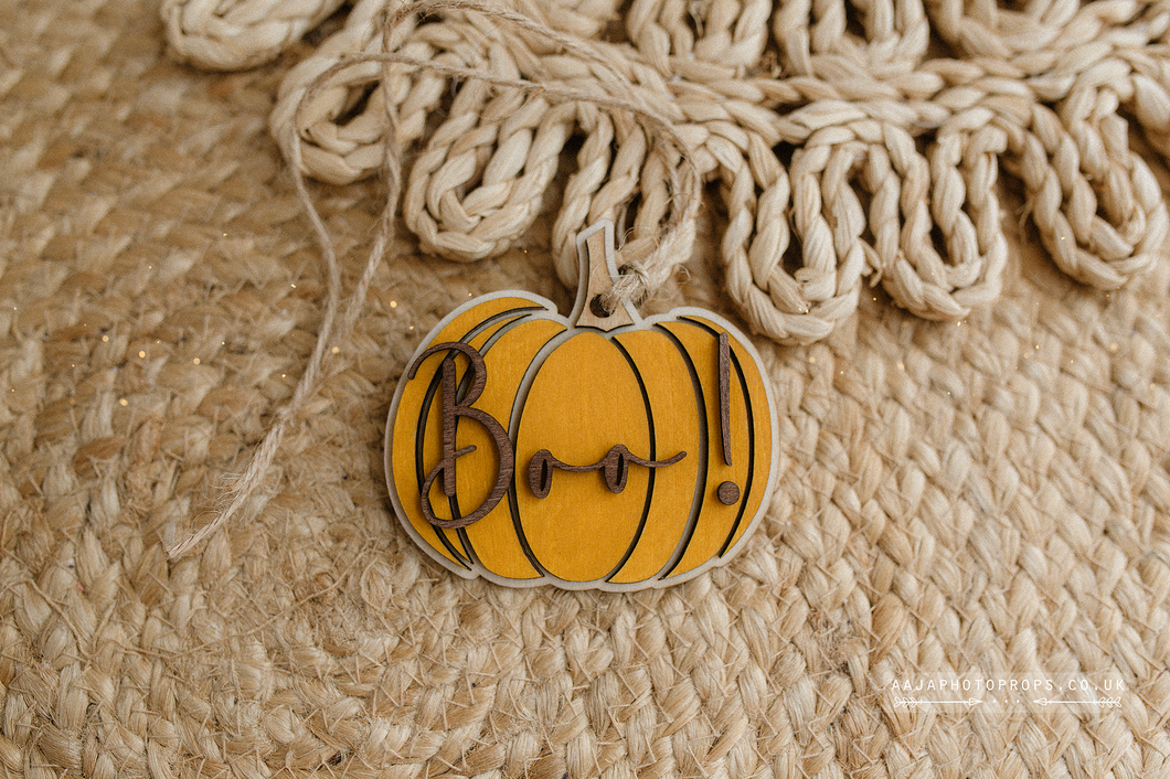 Wooden Halloween pumpkin ornament, hanging, boo, yellow, brown, RTS