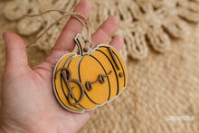 Wooden Halloween pumpkin ornament, hanging, boo, yellow, brown, RTS