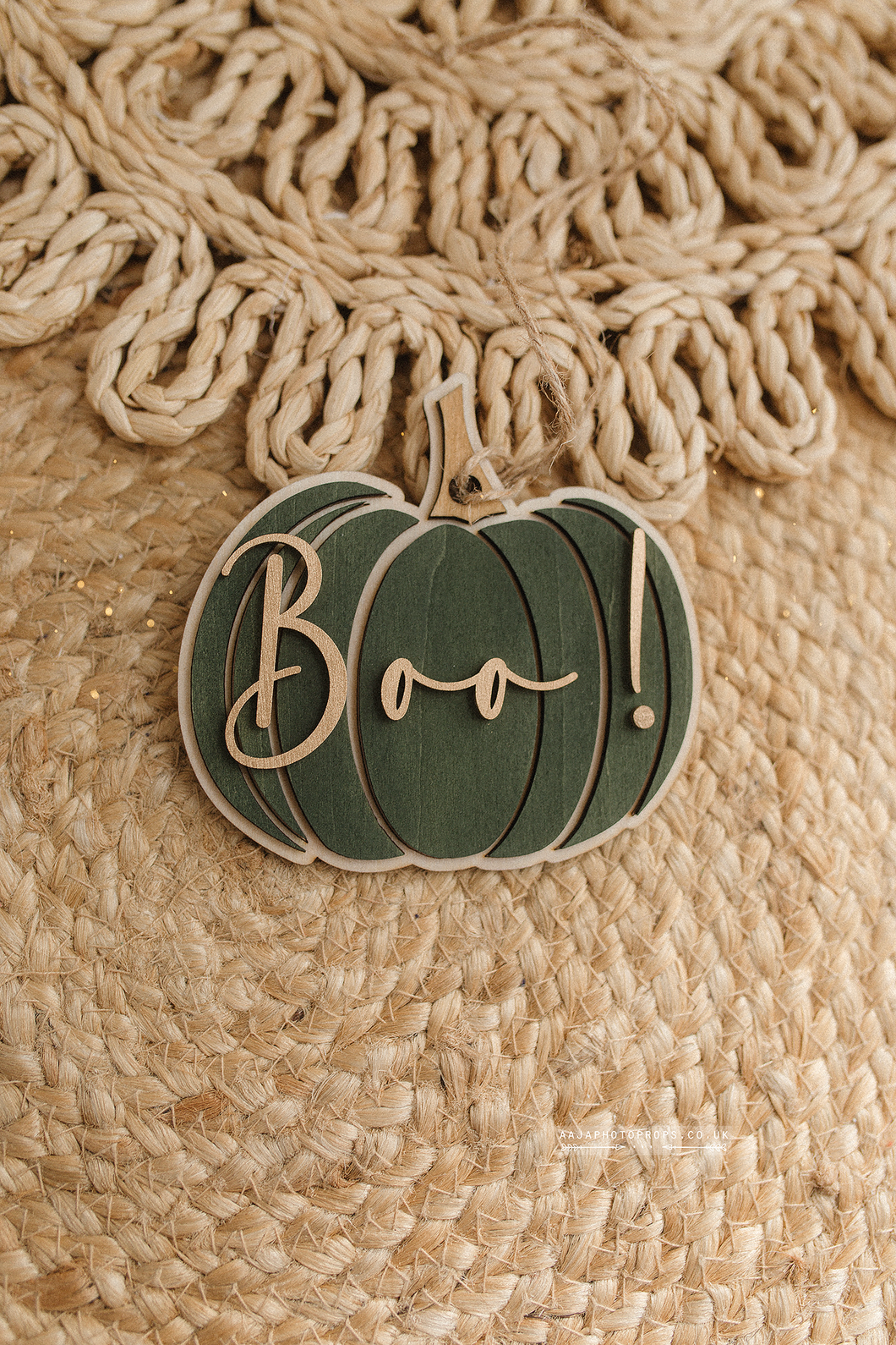 Wooden Halloween pumpkin ornament, hanging, boo, green, gold, RTS