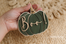 Wooden Halloween pumpkin ornament, hanging, boo, green, gold, RTS