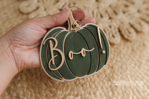 Wooden Halloween pumpkin ornament, hanging, boo, green, gold, RTS
