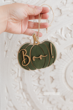 Wooden Halloween pumpkin ornament, hanging, boo, green, gold, RTS