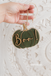 Wooden Halloween pumpkin ornament, hanging, boo, green, gold, RTS