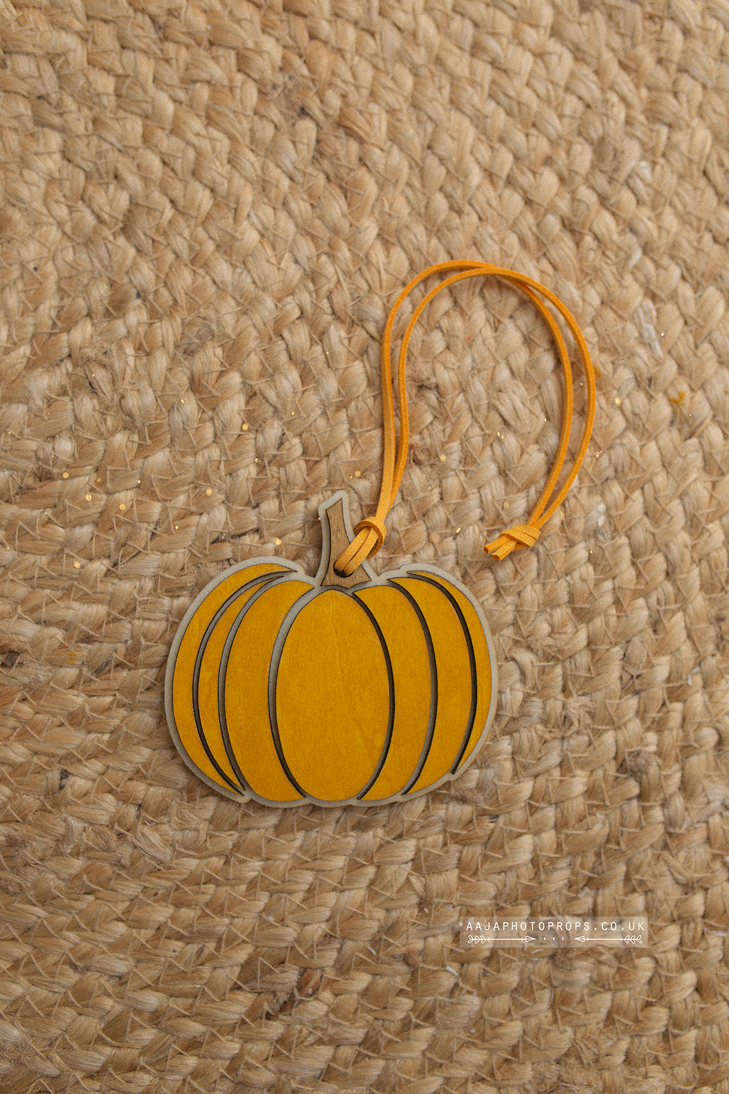 Wooden Halloween pumpkin ornament, hanging, yellow, RTS