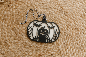 Wooden Halloween decoration, pumpkin, black bats, RTS