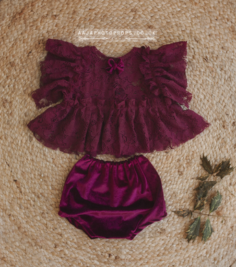 9-12 months size baby girl top and nappy cover set, burgundy, lace, RTS