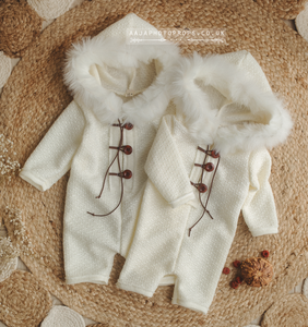 9-12 months sitter romper, light cream, faux fur, hooded, eskimo, made to order