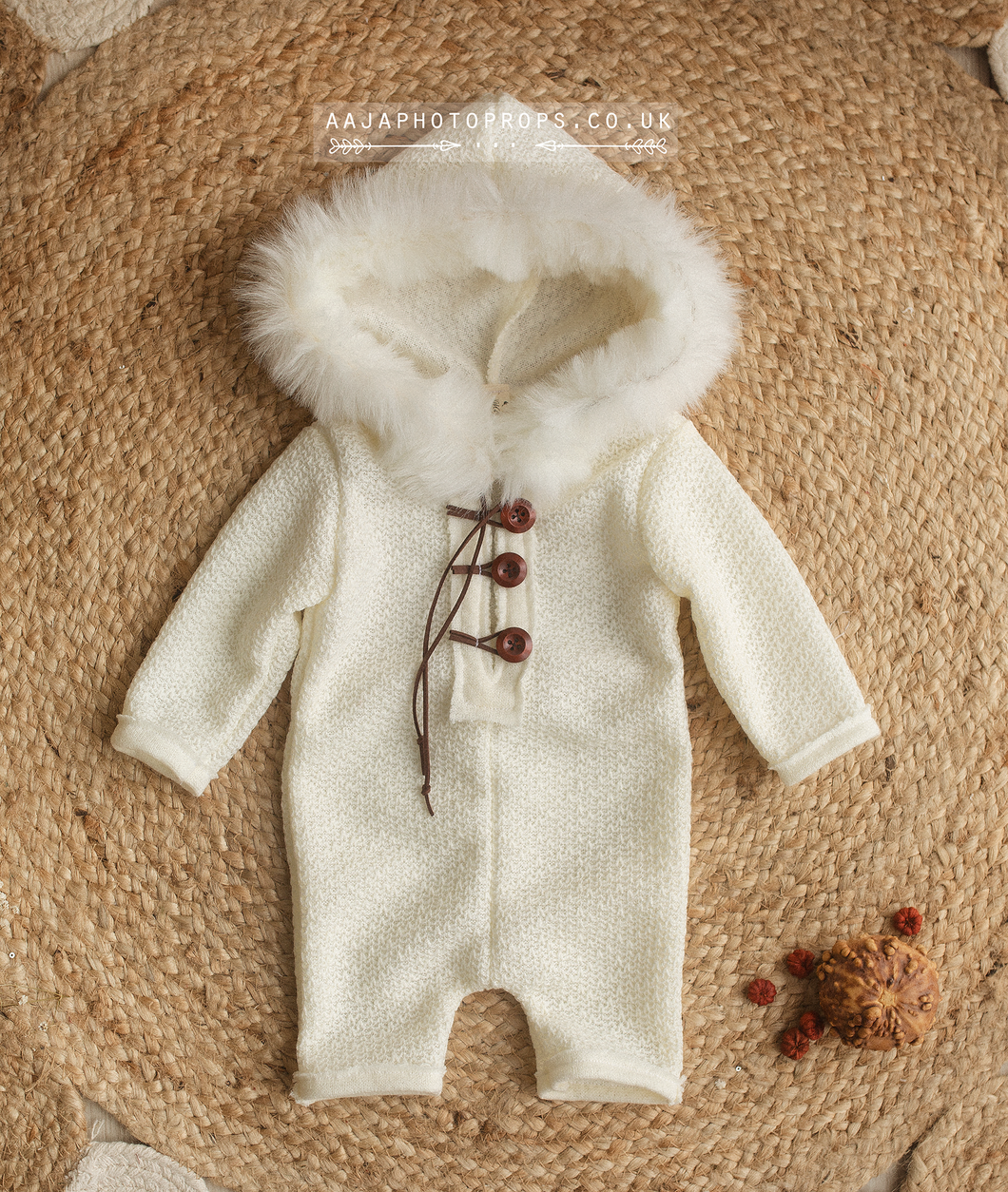 9-12 months sitter romper, light cream, faux fur, hooded, eskimo, made to order