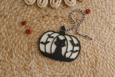 Wooden Halloween pumpkin decoration, cat, black bats, RTS