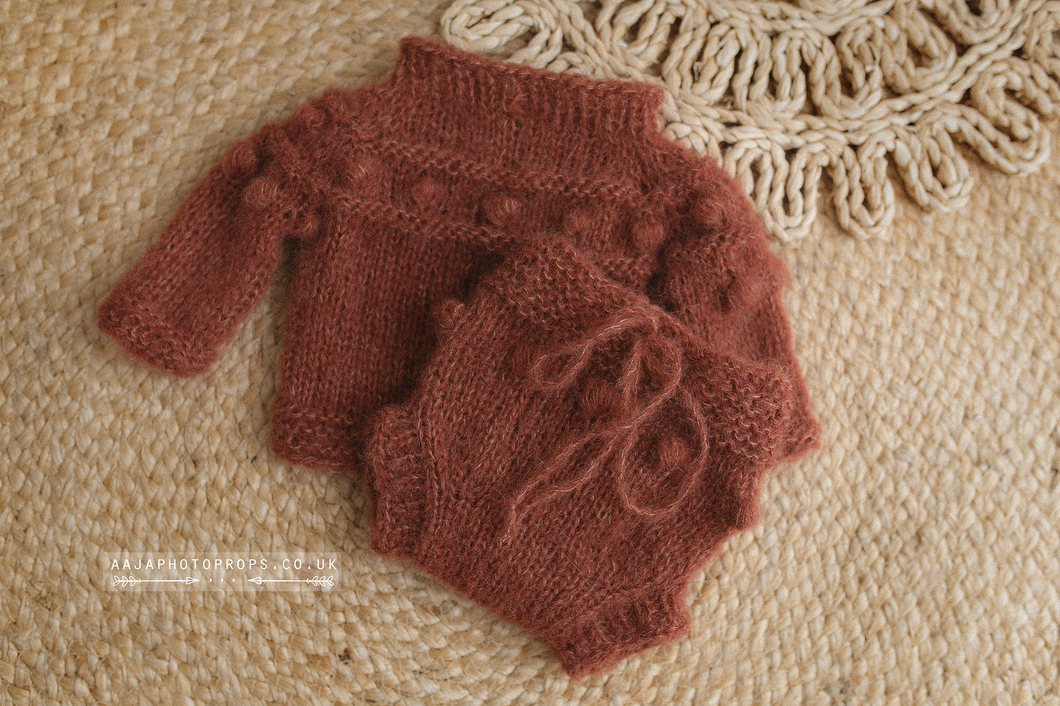 Baby newborn sweater and bloomers, rust burnt orange, bubbles, RTS