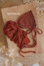 Knitted baby newborn bonnet and mesh wrap, burnt rust orange, beads, boho, RTS