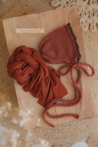 Knitted baby newborn bonnet and mesh wrap, burnt rust orange, beads, boho, RTS