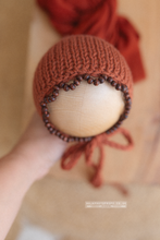 Knitted baby newborn bonnet and mesh wrap, burnt rust orange, beads, boho, RTS