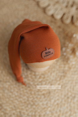 Baby newborn sleepy hat, knot, burnt orange, little pumpkin, patch, fall, RTS