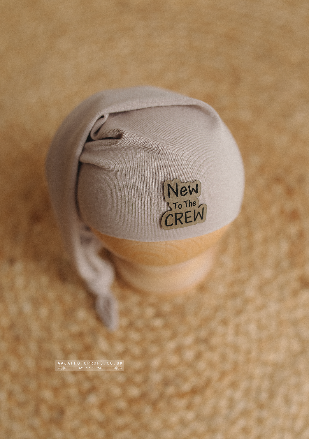Baby newborn sleepy hat, knot, taupe, new to the crew, patch, RTS