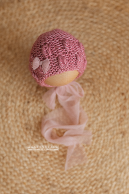 Knitted Baby newborn bonnet, pink, RTS
