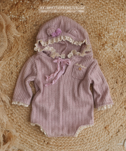Vintage style hooded bear romper, 9-12 months size, pink, lilac, lace, boho, RTS