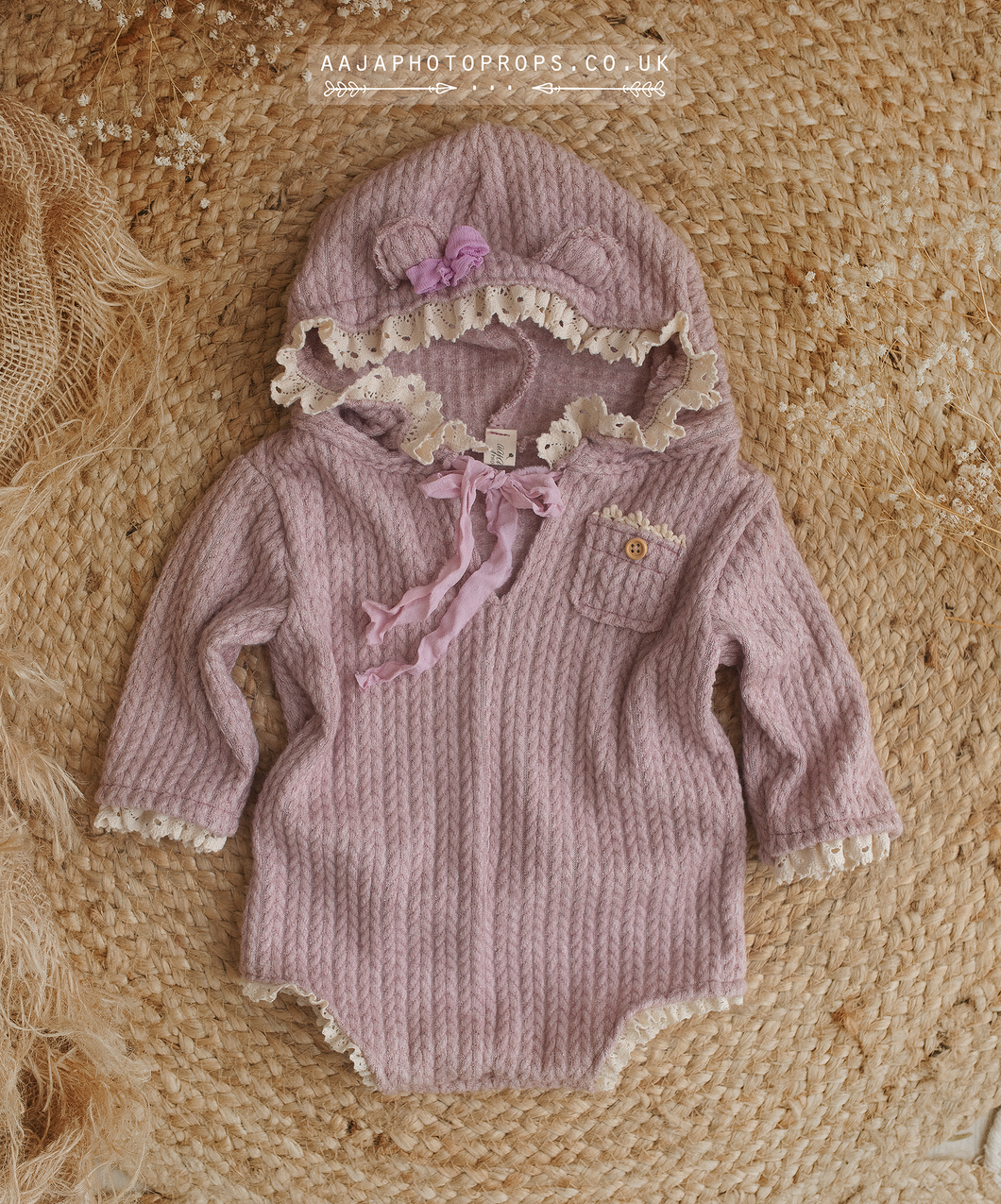 Vintage style hooded bear romper, 9-12 months size, pink, lilac, lace, boho, RTS