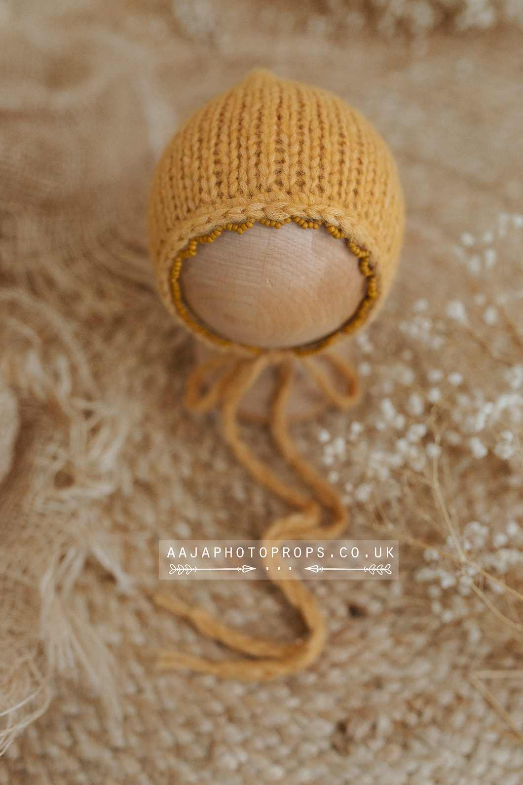 Knitted Baby newborn bonnet mustard yellow, beads RTS
