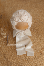 Knitted Baby newborn bonnet, cream, velvet ties, RTS