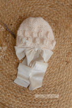 Knitted Baby newborn bonnet, cream, velvet ties, RTS