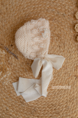 Knitted Baby newborn bonnet, cream, velvet ties, RTS