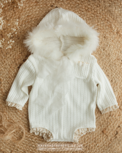 Vintage style hooded eskimo romper, 9-12 months size, cream, lace, boho, Made to order