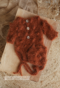 Baby newborn bubble knitted romper and hat set, burnt orange, RTS