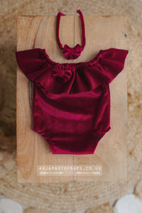 Newborn size baby velvet romper and tieback, dark red, RTS