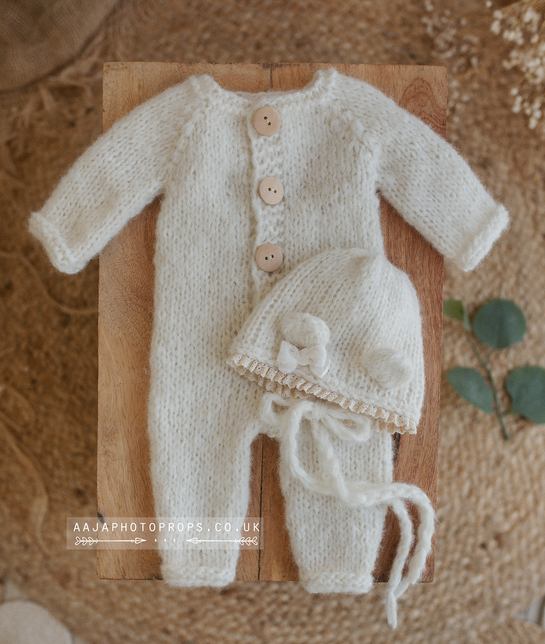 Baby newborn knitted romper and bear bonnet, off white, Ready to send